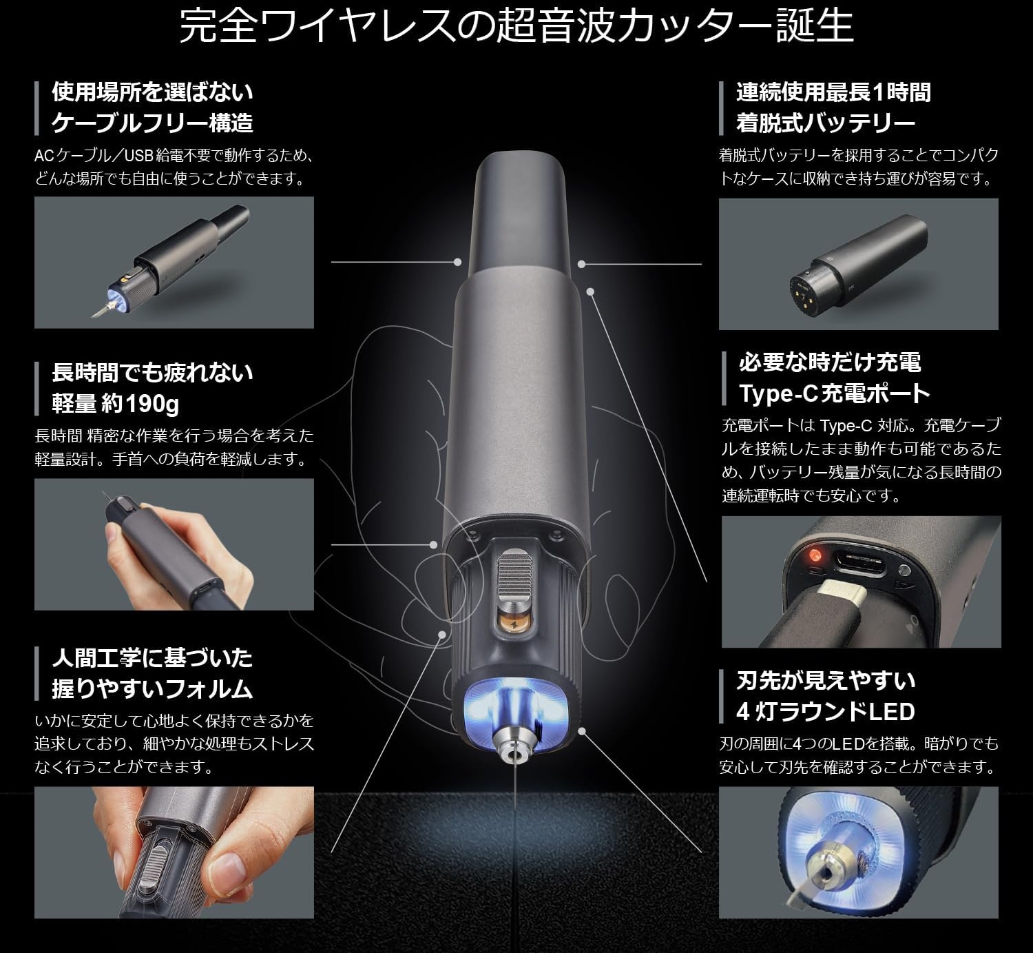 完全ワイヤレス超音波カッター UK-PCシリーズ 6大特長 — ケーブルフリー、着脱式バッテリー、190g、Type-C、エルゴノミック、4-LED