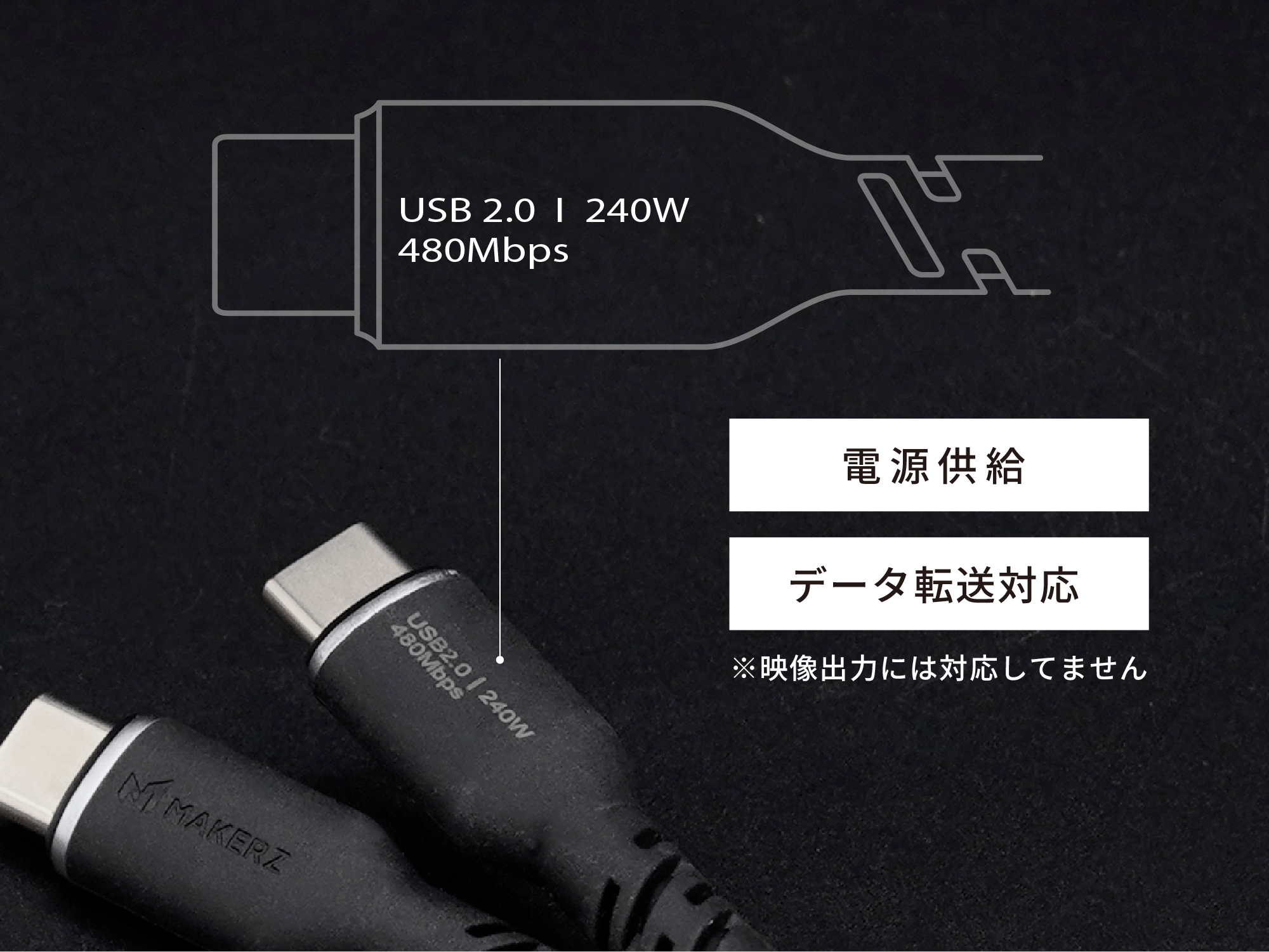USB 2.0 / 240W / 480Mbps — コネクタ刻印で規格を確認