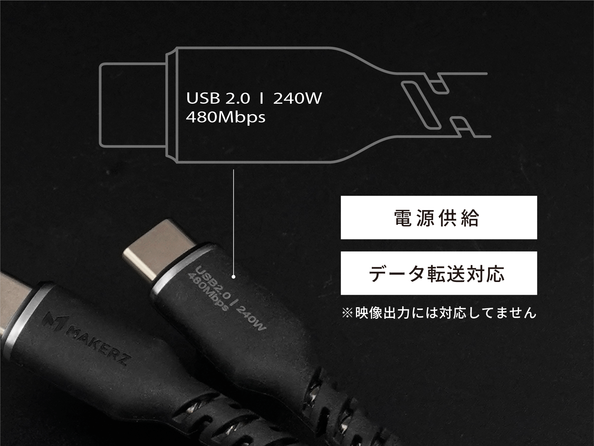 USB 2.0 / 240W / 480Mbps — コネクタ刻印で規格を確認