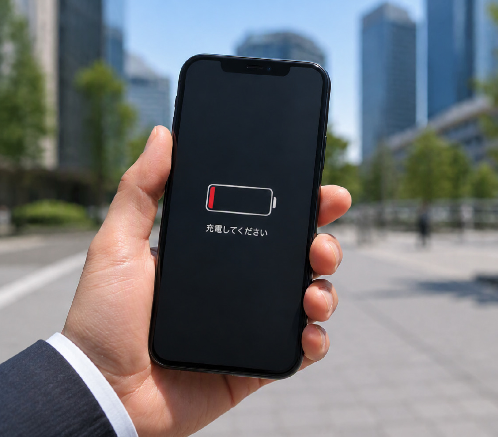 低電池表示のスマートフォンを手に持つビジネスパーソン