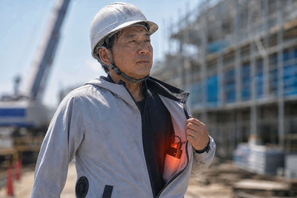 炎天下の現場で膨らんだ従来の空調ウェアとバッテリー