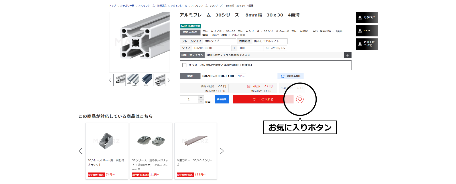 商品ページでハートマークをクリックしてお気に入り登録する操作画面